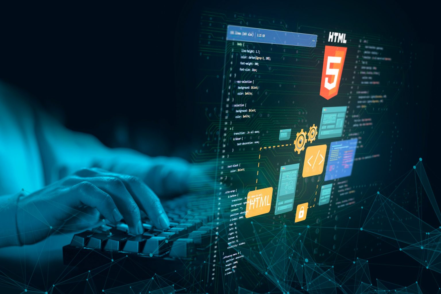 A person typing on a keyboard with digital hologram elements showing HTML5, coding interfaces, website development icons, and programming graphics.