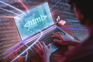Developer coding HTML on a laptop with glowing code overlays, representing web development, programming, and modern software technology.