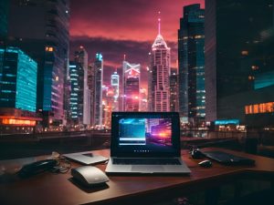 Laptop on a desk overlooking a modern city skyline at sunset, representing digital work and urban business environment.