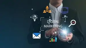 The graphic is surrounded by colorful icons representing SEO, email marketing, social media, e-commerce, and data analytics, illustrating the multi-channel approach of a leading digital marketing agency in Dubai.