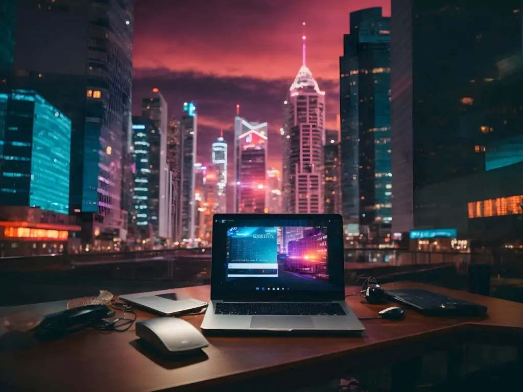 Laptop on a desk overlooking a modern city skyline at sunset, representing digital work and urban business environment.